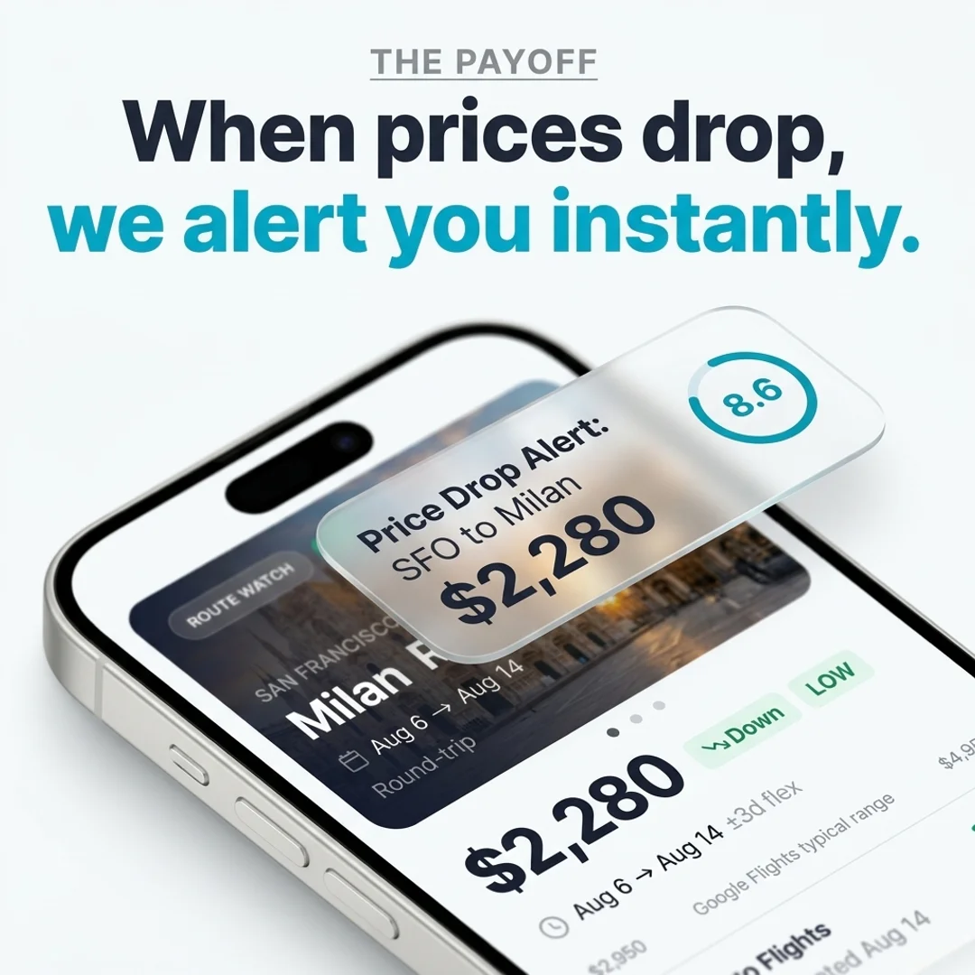 BusinessClassSignal instant price drop alert on smartphone for SFO to Milan business class