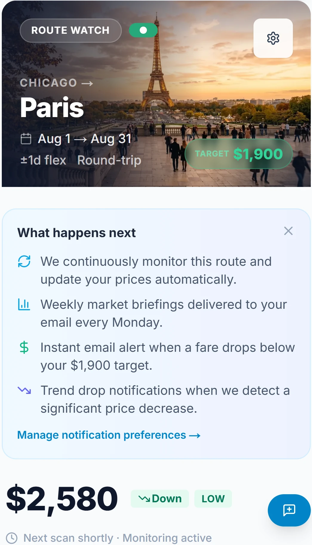 BusinessClassSignal route watchlist configuration for Chicago to Paris business class