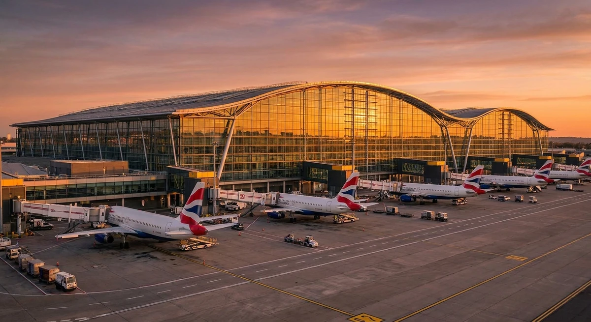 London Heathrow Terminal 5 at golden hour — your destination awaits after a proper night's sleep in business class