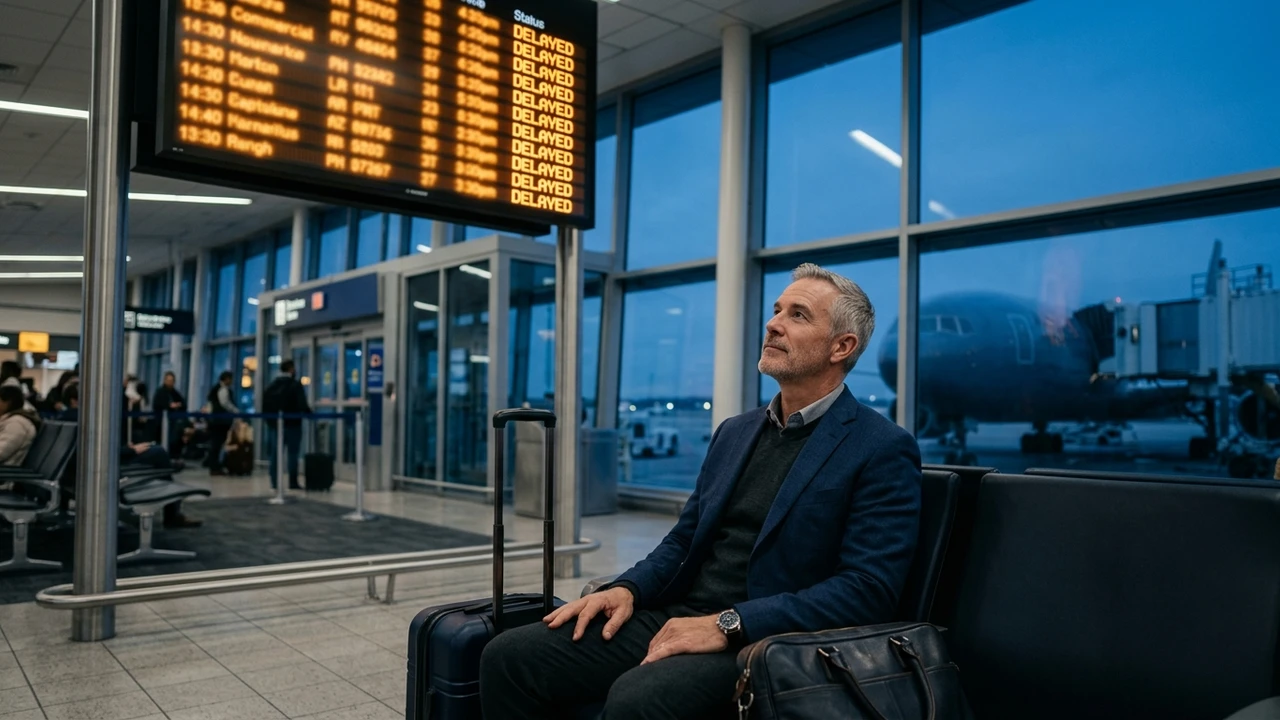 Business traveler waiting at an airport gate beneath a departures board showing delayed flights