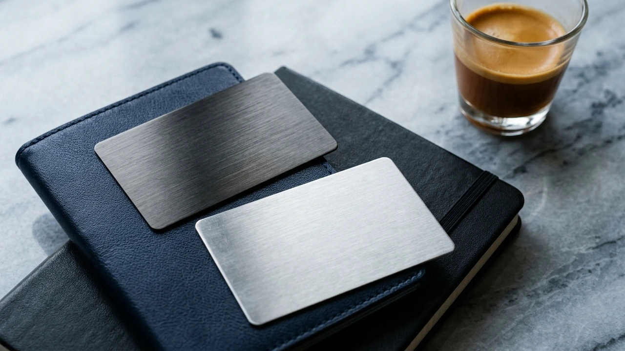 Two premium metal travel credit cards on a navy passport cover and leather notebook