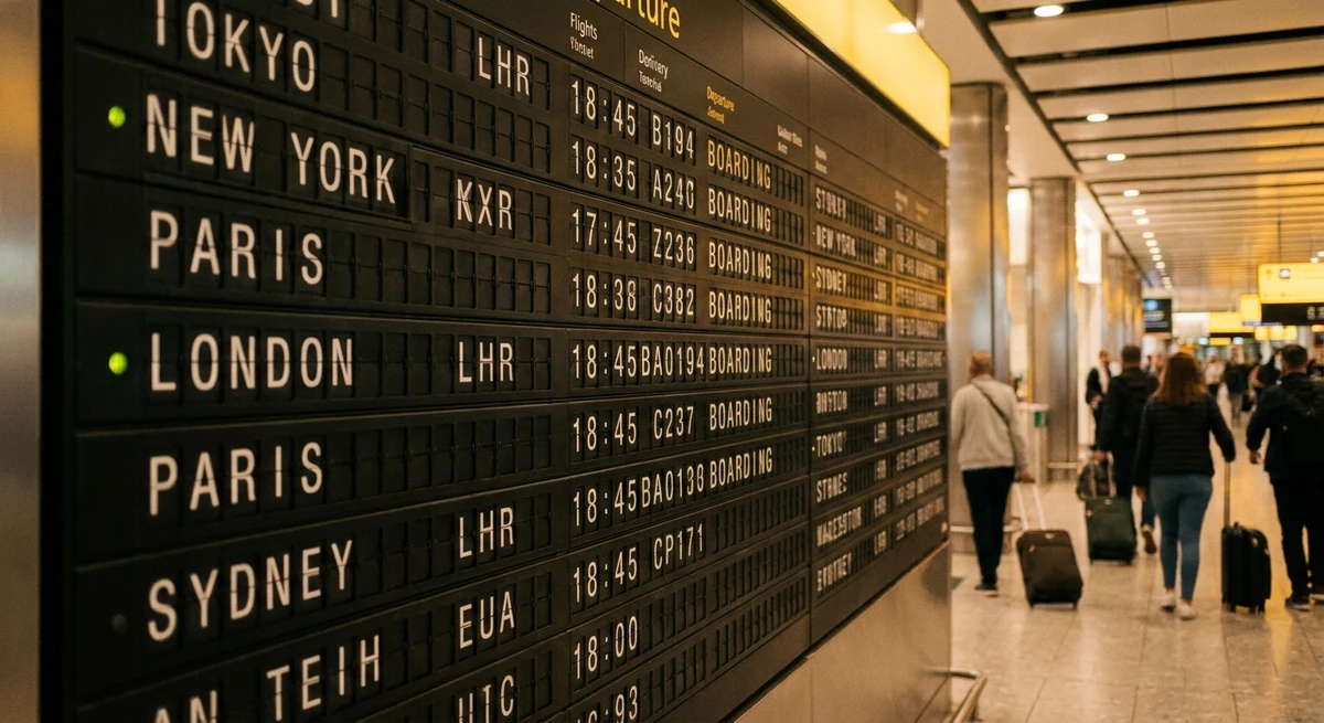Airport departure board showing international business class flights — the day you fly matters more than the day you book