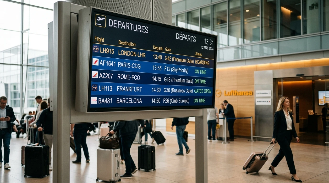 Airport departure board showing European business class destinations including London, Paris, Rome, and Frankfurt