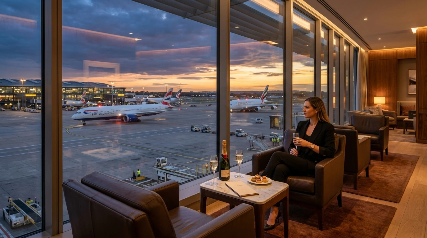 Premium airport lounge with panoramic tarmac views at dusk — champagne and leather seating