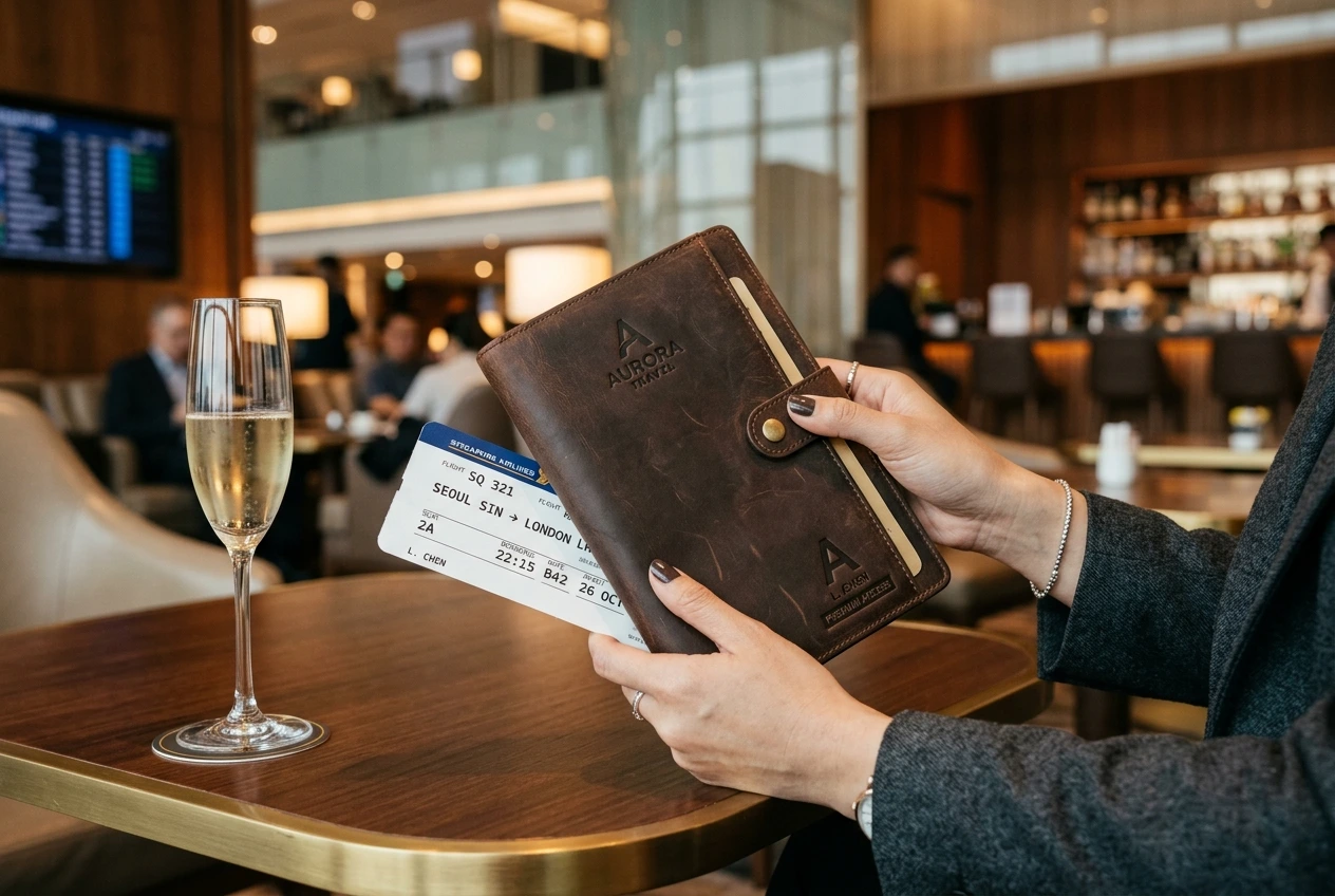 Premium travel documents and boarding pass in a luxury airport lounge setting