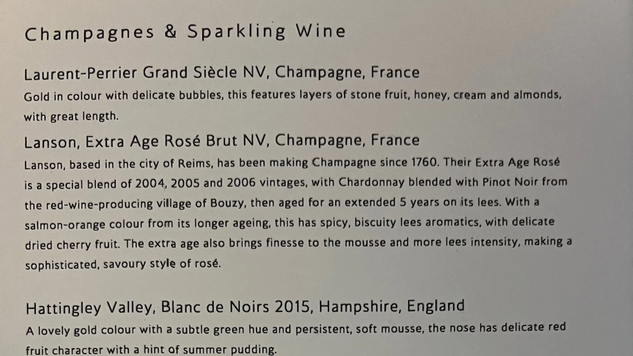 British Airways Concorde Room champagne menu featuring Laurent-Perrier Grand Siecle NV
