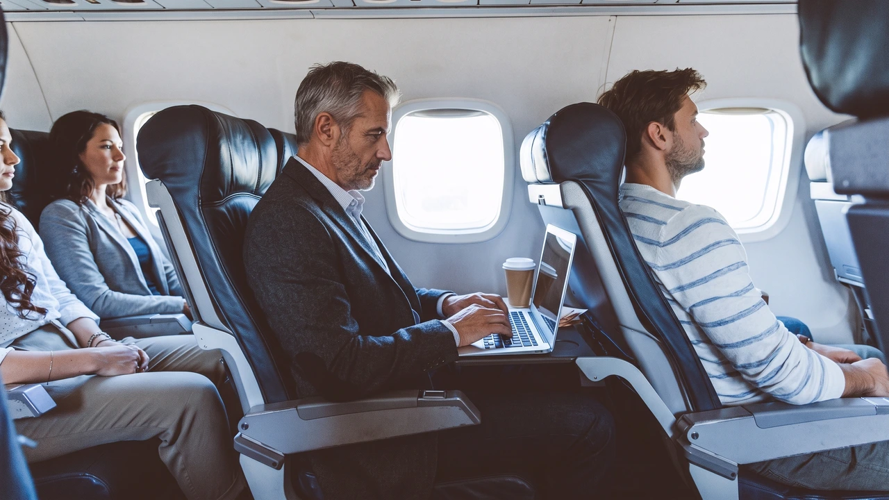 Domestic first class and regional business class recliner seat angled back toward a passenger working on a laptop