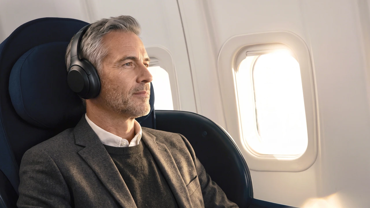 Business class traveler wearing over-ear noise-canceling headphones in a contoured window suite