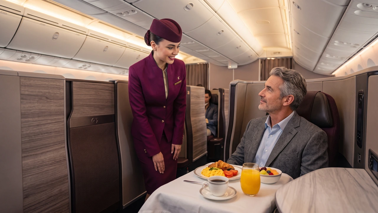 Cabin purser speaking warmly with a business class passenger seated at a linen-draped table
