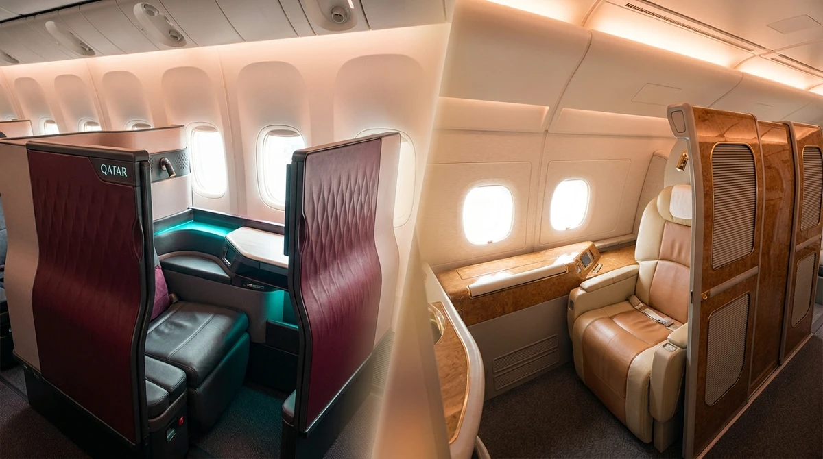 Side by side — Qatar Airways QSuite business class and Emirates First Class Suite showing the shrinking gap between cabins