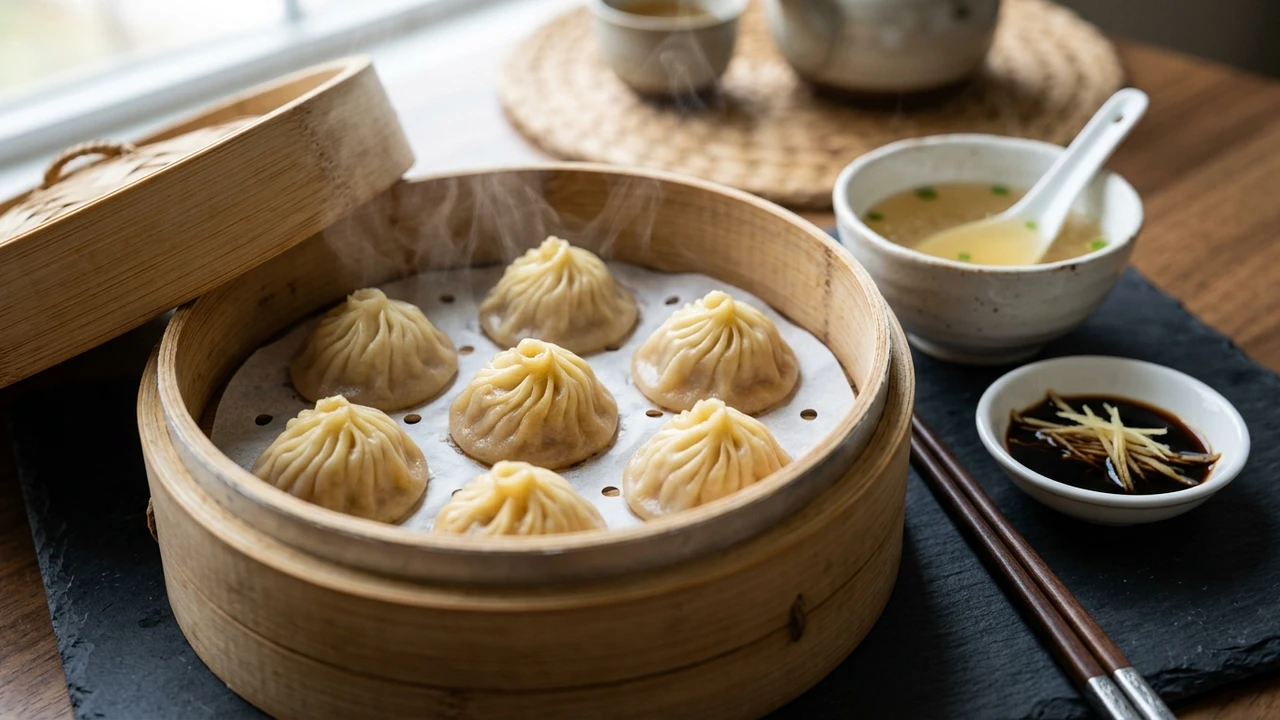 Din Tai Fung style pork xiao long bao soup dumplings with chicken broth and black vinegar