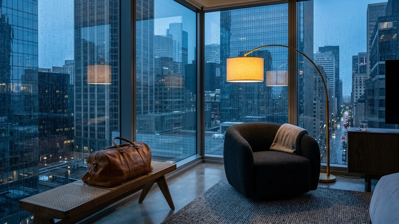 High-floor luxury hotel corner suite at blue hour with a brown leather weekender bag on an upholstered bench