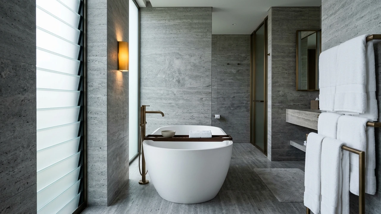 Luxury hotel bathroom in honed travertine marble with a freestanding soaking tub and warm sconce lighting