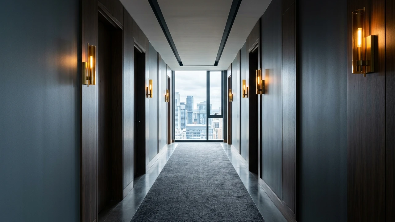 Quiet top-floor luxury hotel corridor with dark walnut doors, brass room numbers, and warm sconce lighting