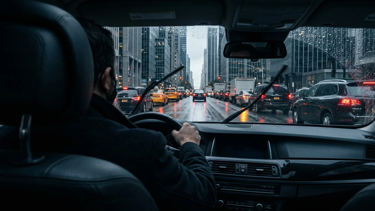 View from the back seat of a black luxury sedan stuck in rainy Manhattan evening traffic on the way from JFK