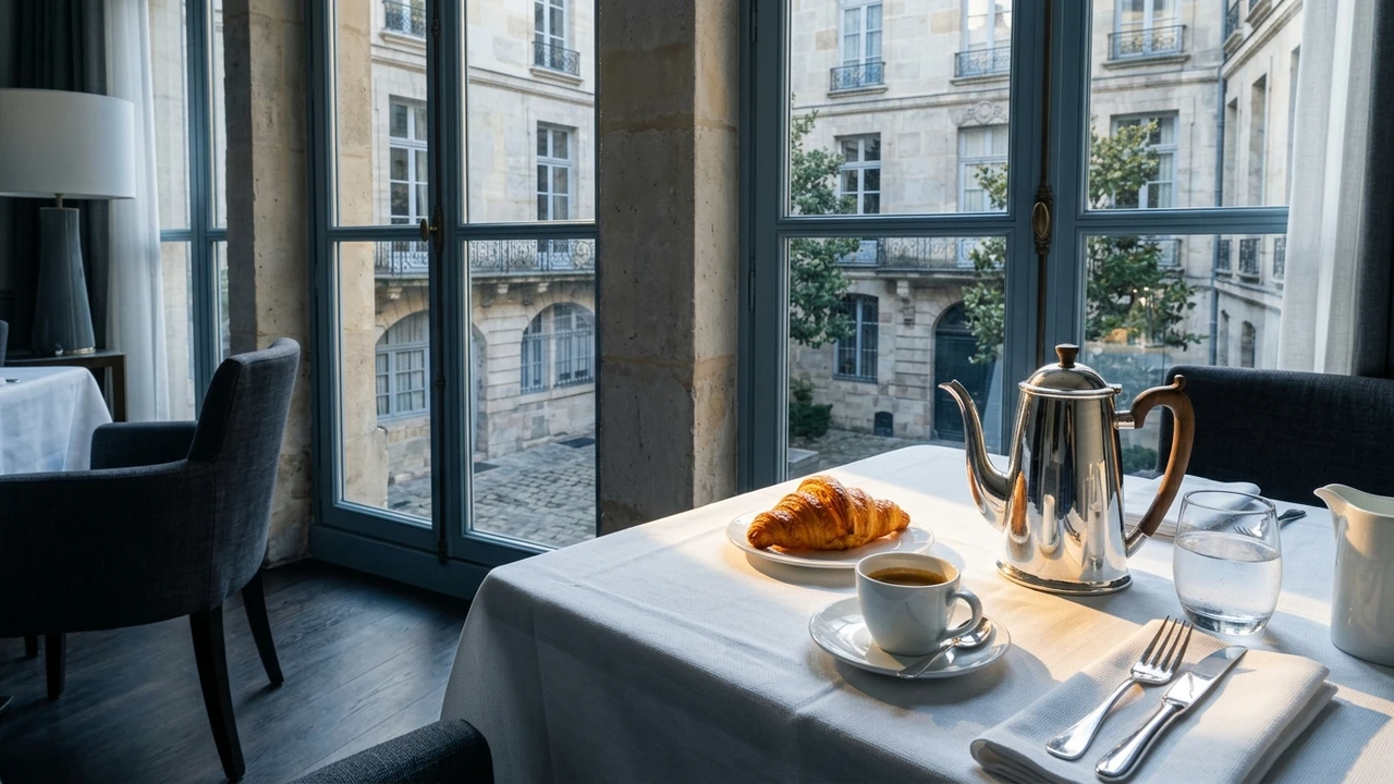 Morning hotel breakfast table with silver coffee pot, porcelain espresso cup, and flaky croissant overlooking a European stone courtyard