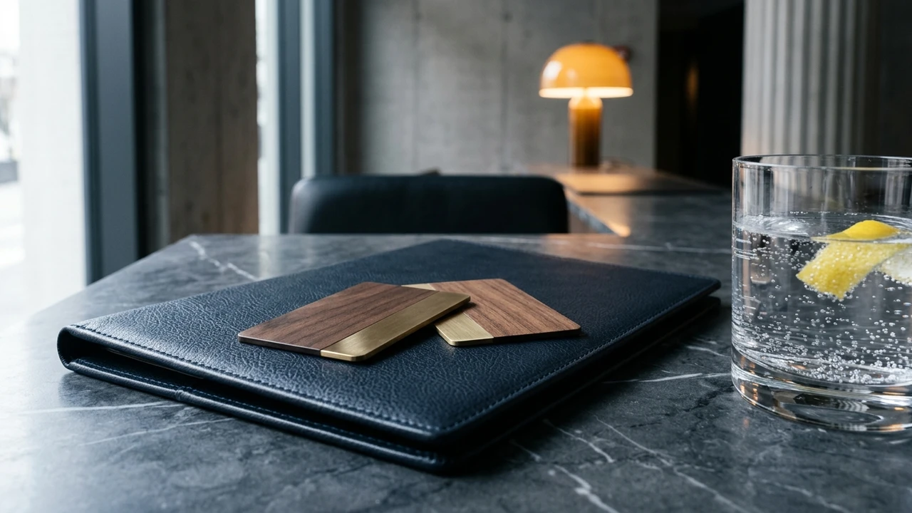Brushed brass and walnut room keycards resting on a navy leather folio at a marble hotel front desk
