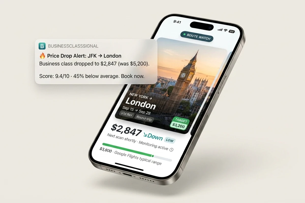 Business Class Signal price drop alert showing a JFK to London fare at $2,847 — 45% below average