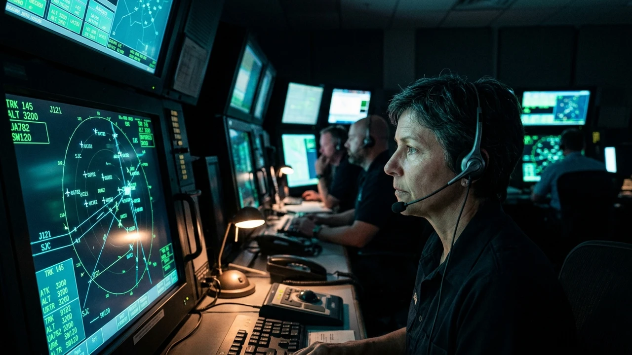 Air traffic controller with headset at a radar console in a dark TRACON facility