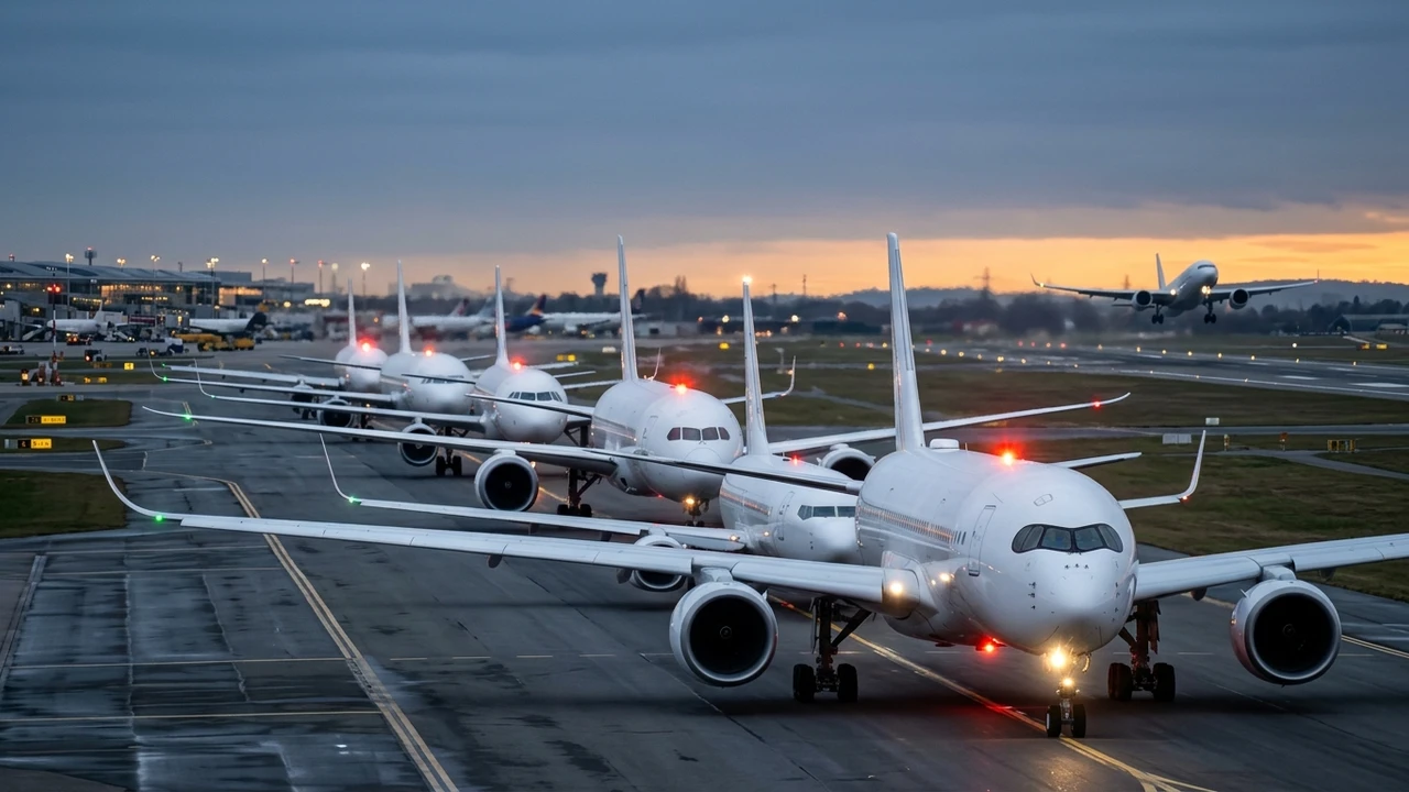 Queue of passenger jets lined up nose to tail on a taxiway waiting for departure at dusk