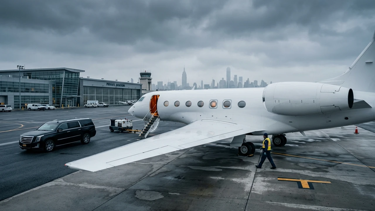 Long-range business jet with airstair open on a private aviation FBO ramp near Manhattan