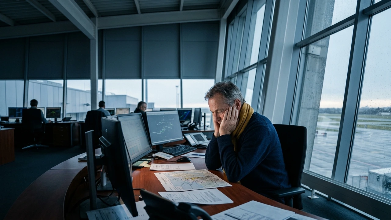 Fatigued air traffic controller at a tower workstation with flight strips and charts