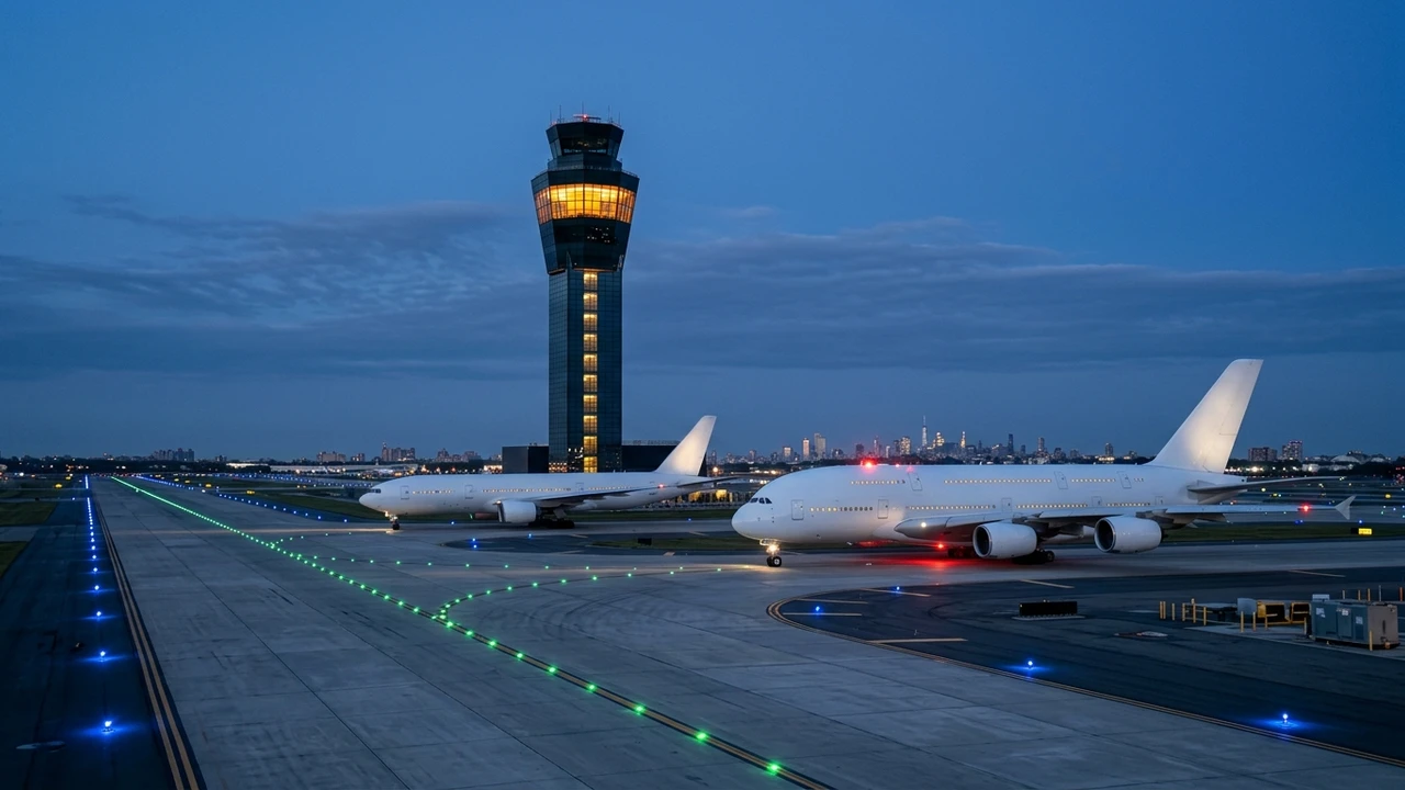 Air traffic control tower at dusk above widebody jets on a lit taxiway at a New York airport