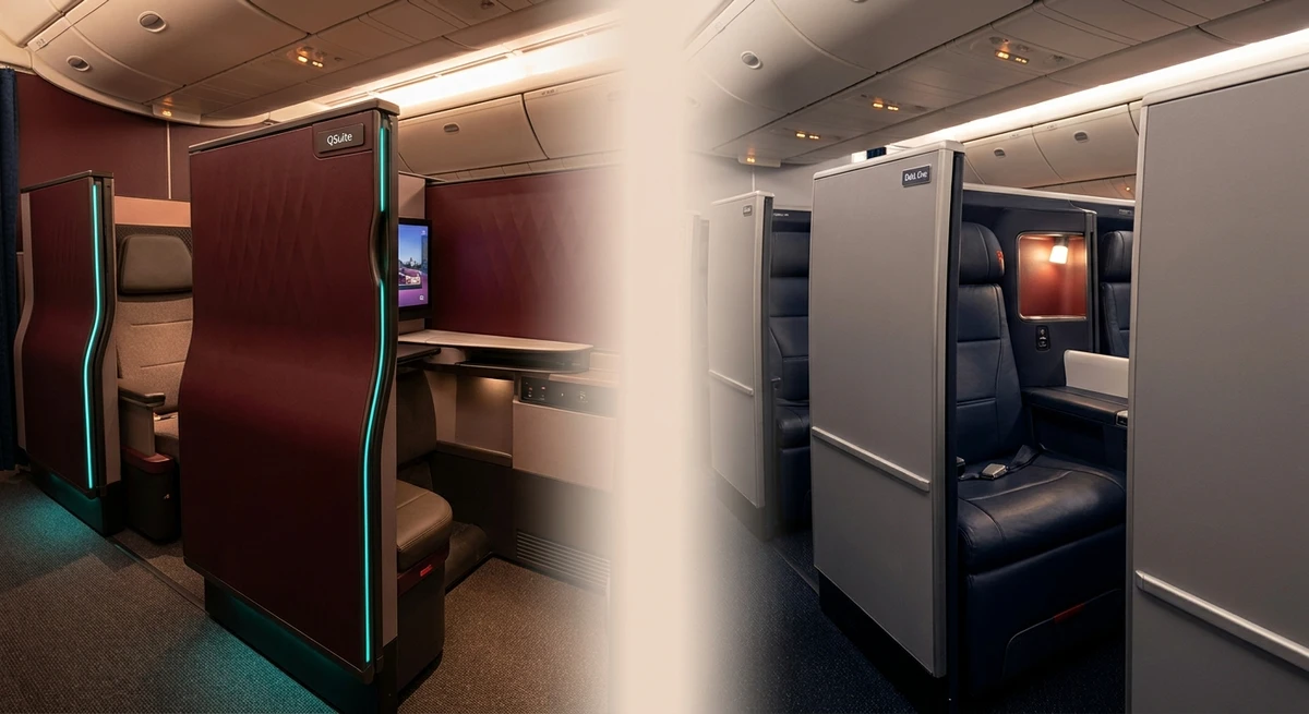 Side-by-side comparison — Qatar QSuite with burgundy doors versus Delta One Suite with grey sliding panels