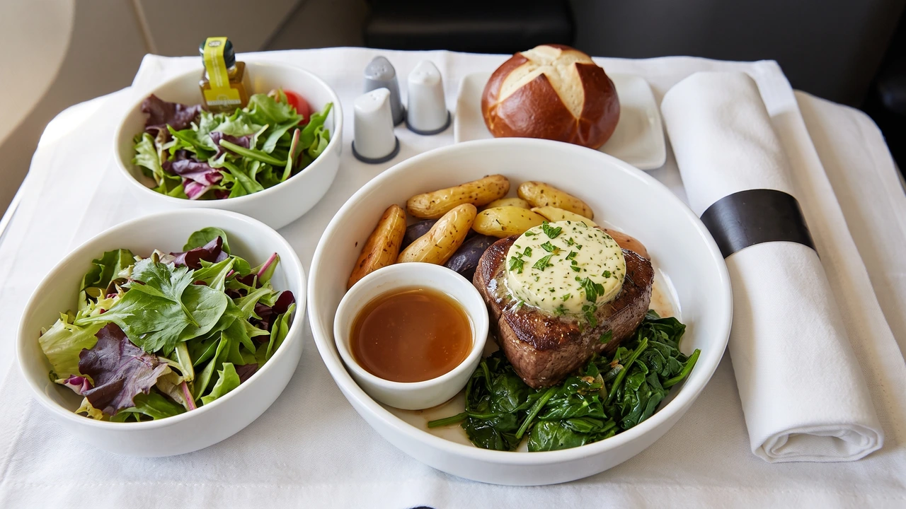 American Airlines Flagship Business inflight meal tray with seared beef filet, herb butter, spinach, and pretzel roll