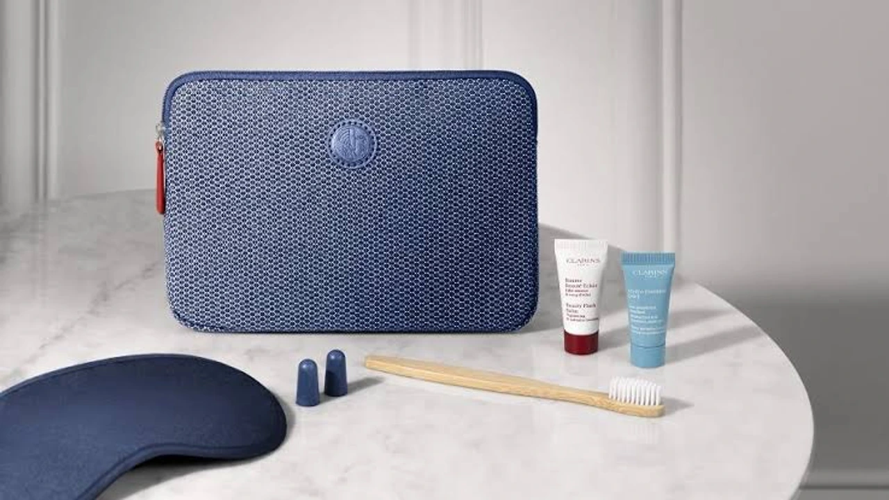 Air France business class Clarins amenity kit with skincare products