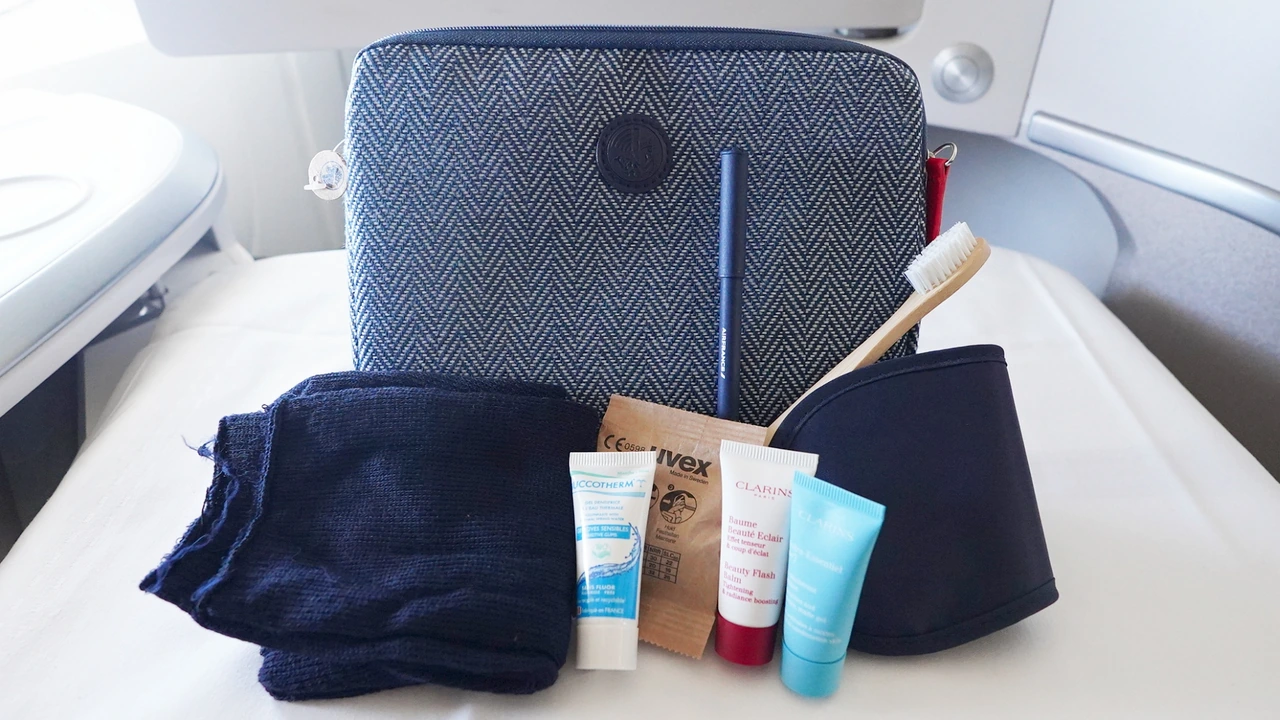 Air France business class Clarins amenity kit and bedding