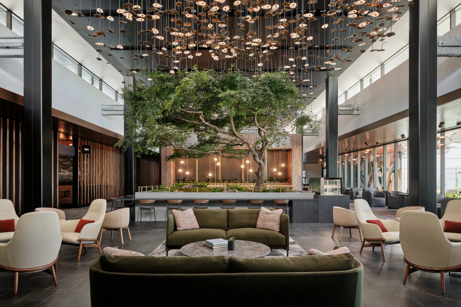 American Express Centurion Lounge interior with living tree centerpiece and lounge seating