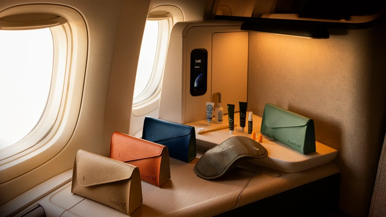 Cathay Pacific Aria Suite Bamford luxury amenity kits in four colors on console