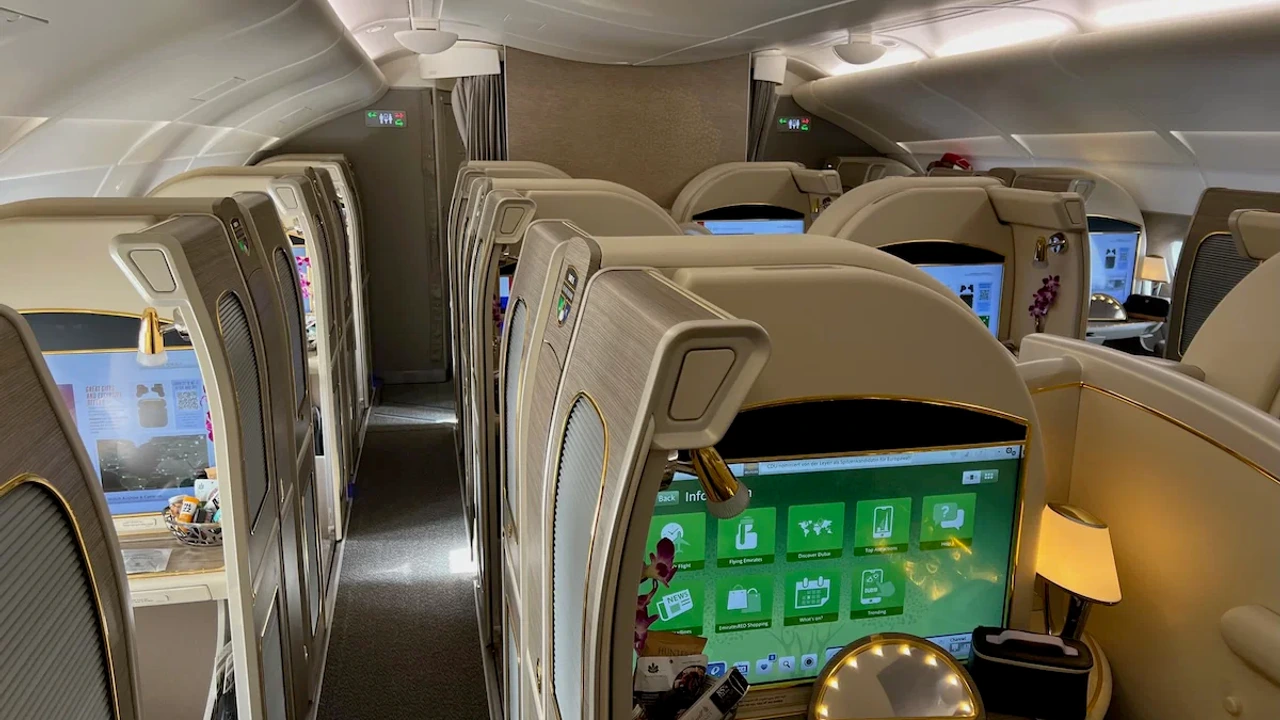 Emirates A380 first class cabin aisle view