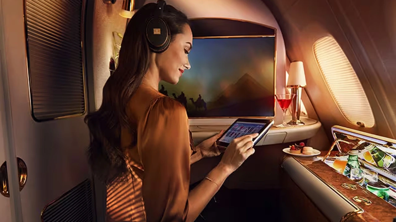 Emirates 32-inch ICE entertainment screen and Bowers and Wilkins headphones