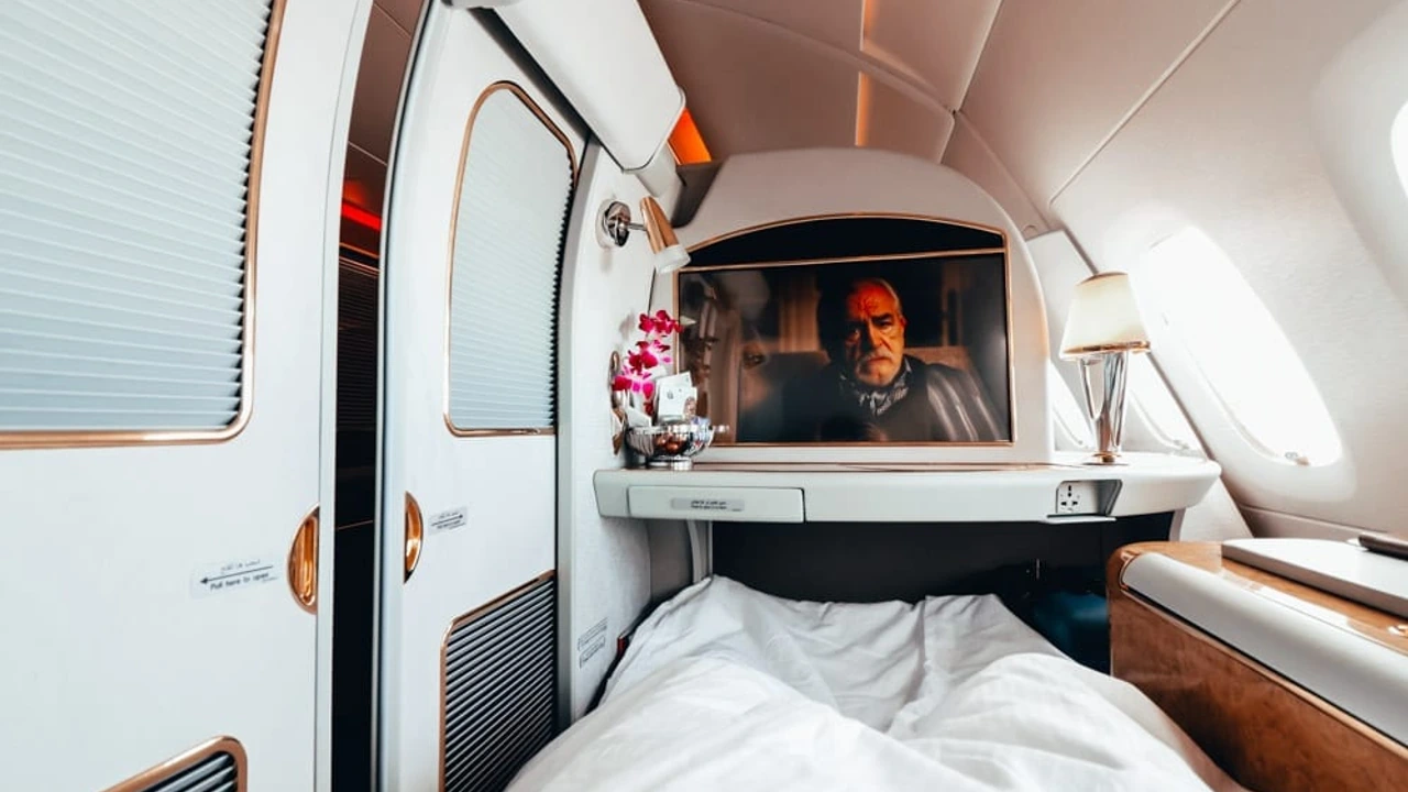 Emirates A380 first class lie-flat suite in bed mode