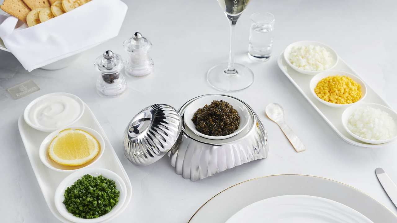 Emirates first class caviar service with Dom Perignon champagne