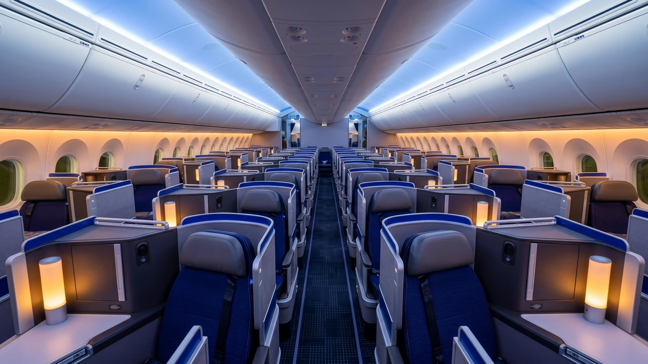 United Airlines Boeing 787 Polaris business class 1-2-1 cabin with signature accent lamps and navy seats